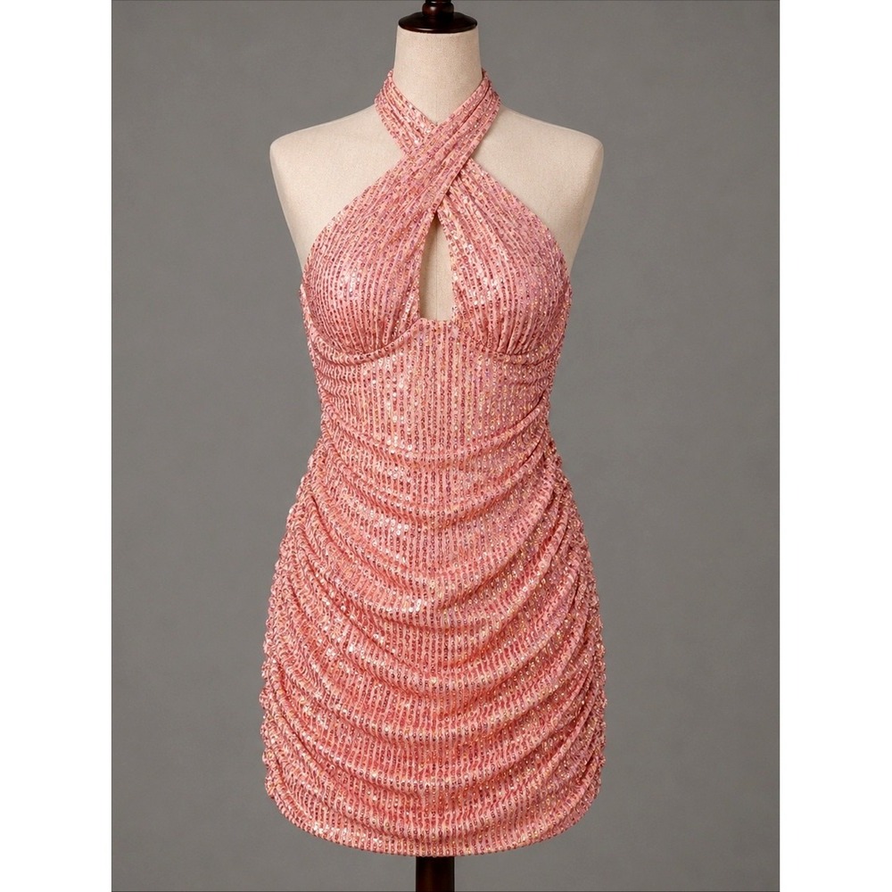Hello Molly Dress‎ Small Pink Sequin Ruched Bodycon Sleeveless Halter Mini NEW